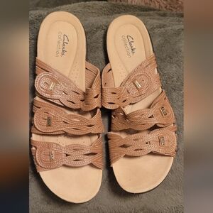 Clarks Collection Braided Leather Slide Sandals Tan Womens 12 Comfort